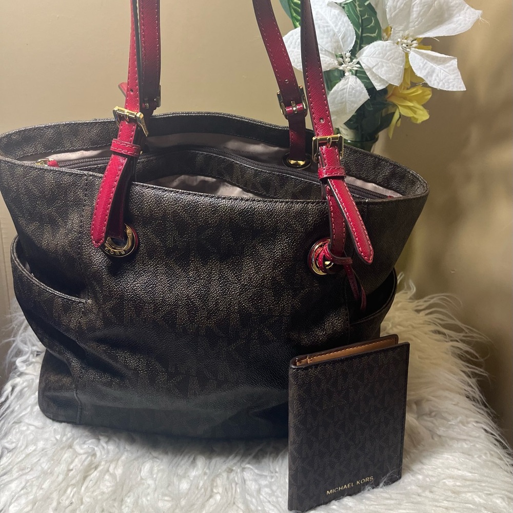 Michael Kors Brown Monogram Tote with Red Straps And Matching Wallet